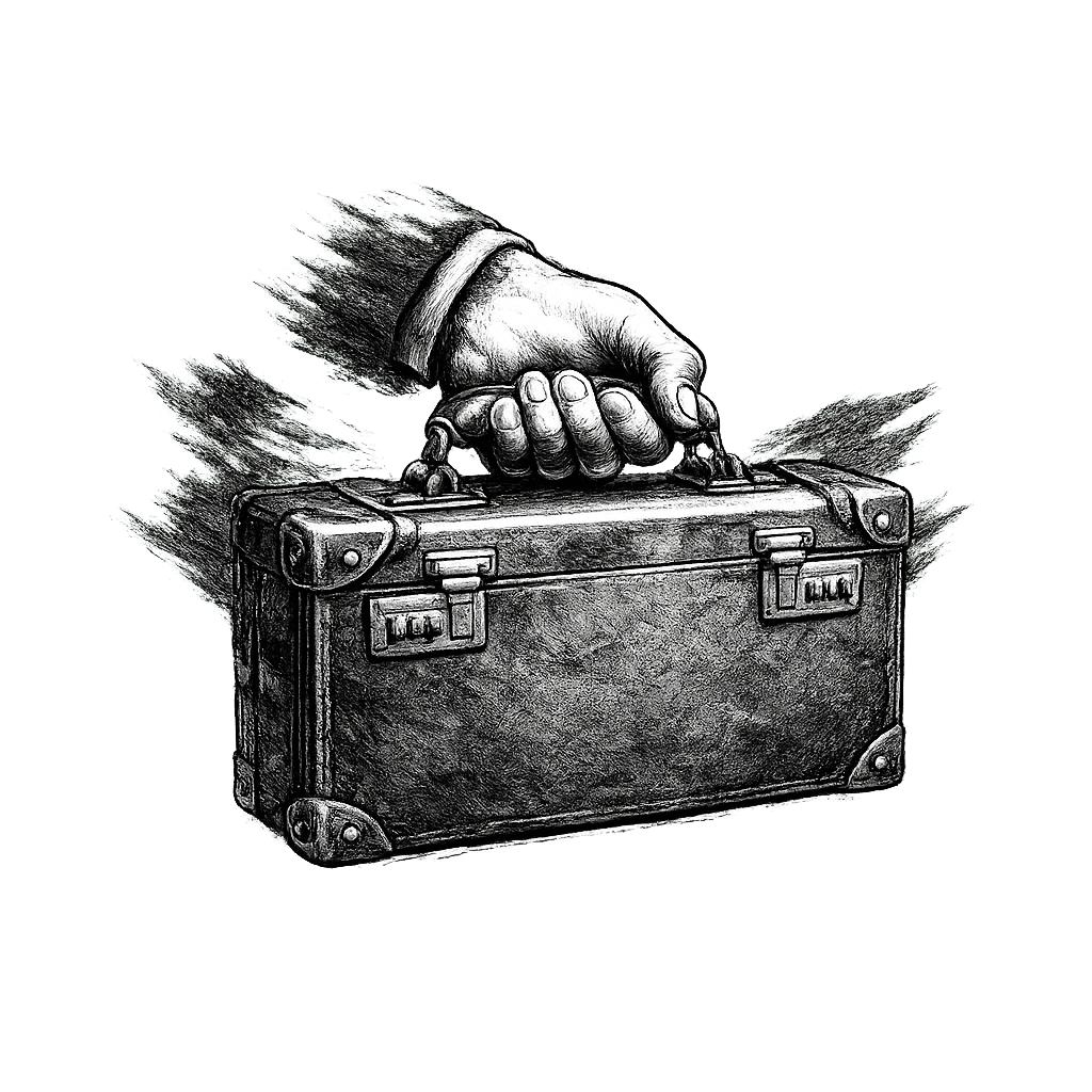 Hand holding a business briefcase, black-and-white artwork