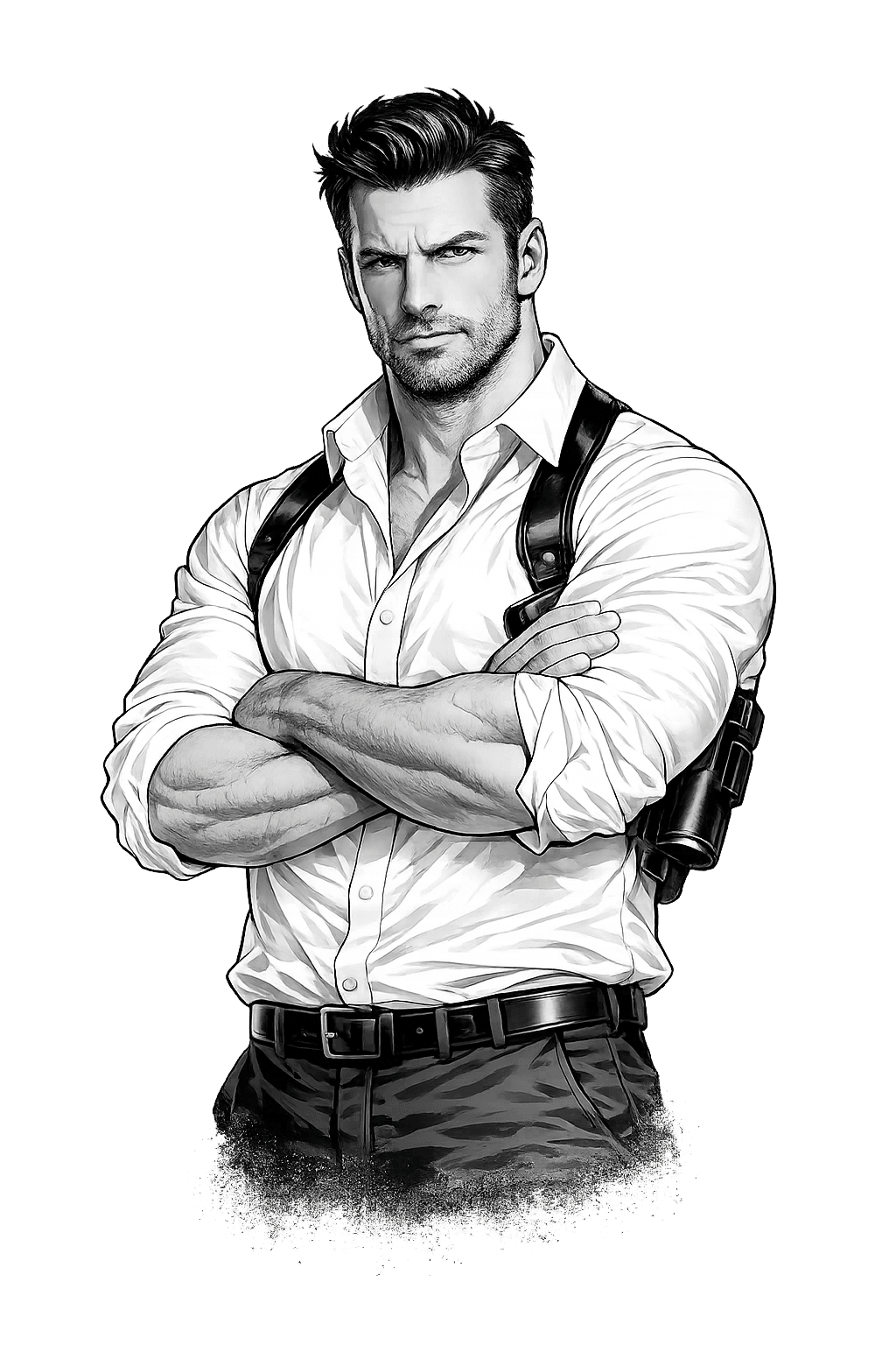 Black-and-white portrait of a detective with folded arms, waist-up